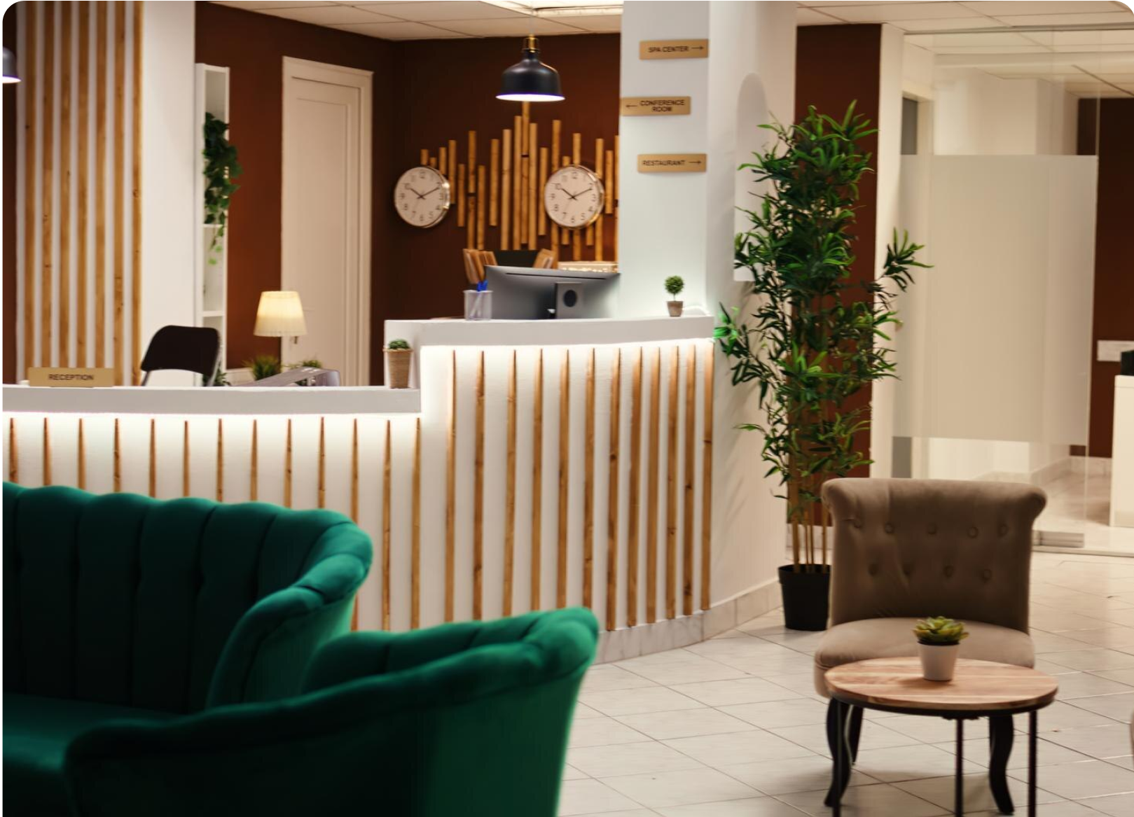 Hotel lobby reception area with seating
