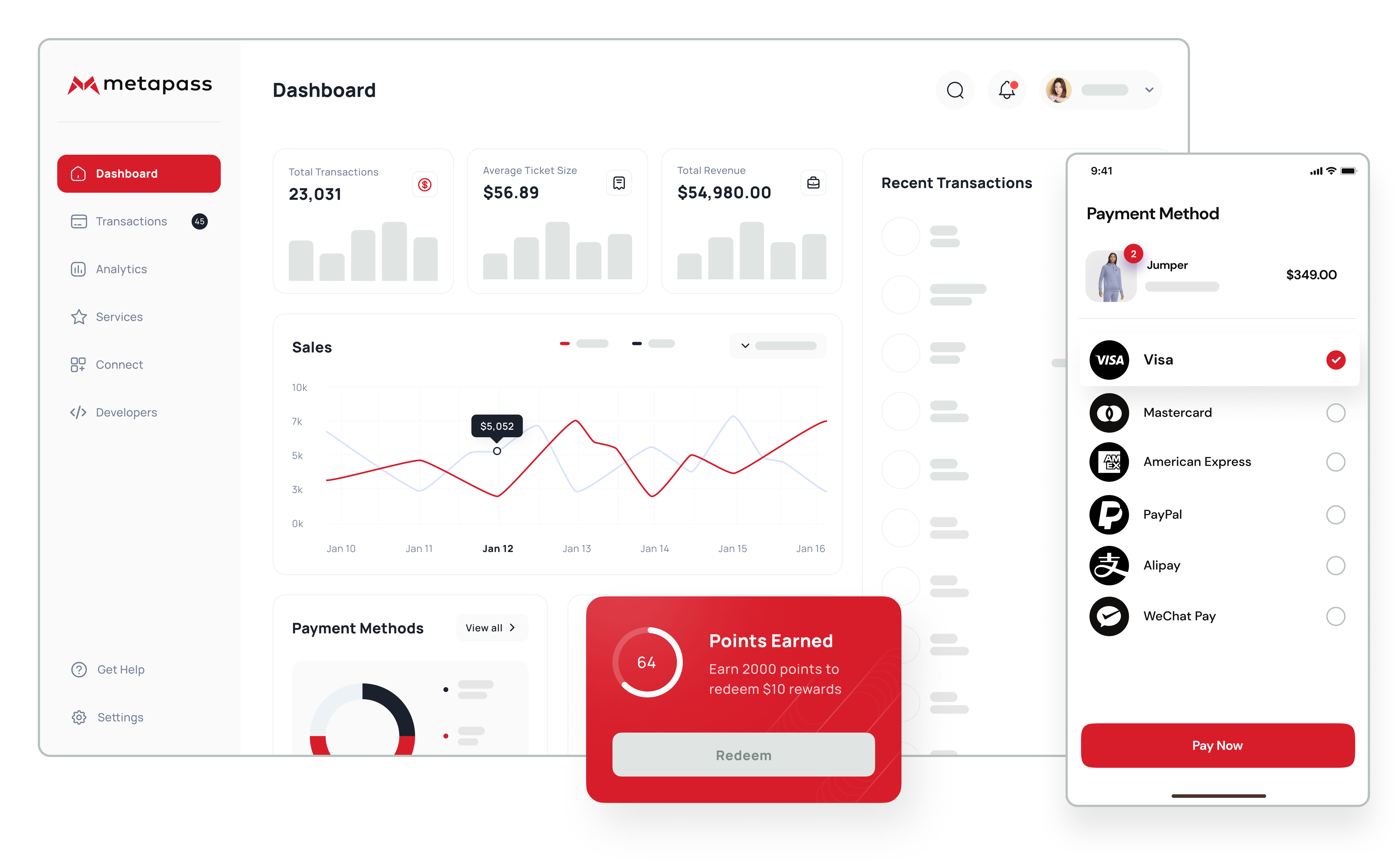 Metapass dashboard and mobile checkout centralizing Visa, Mastercard, Amex, PayPal, Alipay and WeChat Pay payment methods