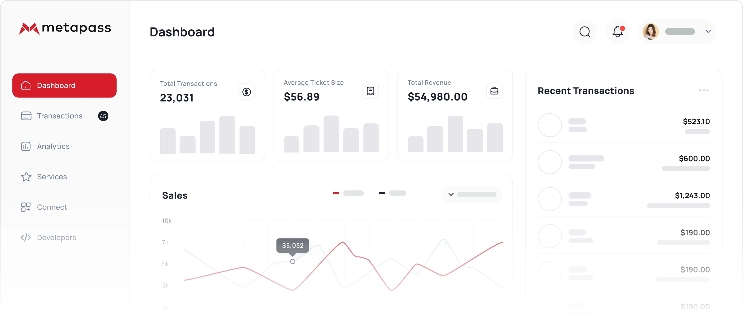 Metapass dashboard showing total transactions, revenue, sales analytics and recent transactions