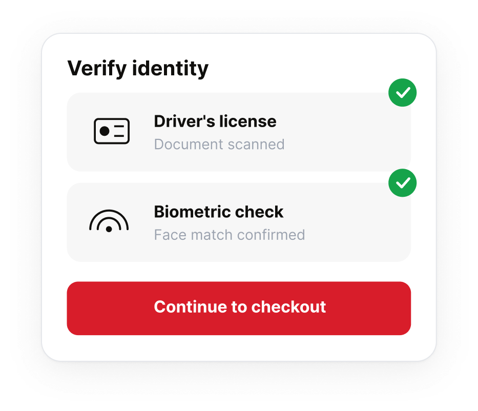 Identity verification panel with driver's license scan and biometric face match confirmed
